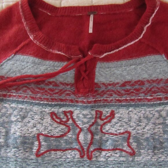 FREE PEOPLE-OVERSIZED WINTER HOLIDAY SWEATER-ANGORA-DEER-TIE NECK-CHRISTMAS-RUST - Picture 6 of 10